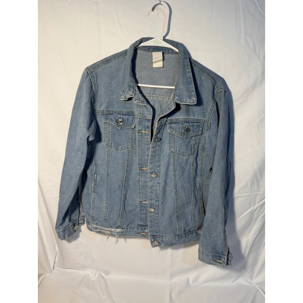 Light Wash Distressed Denim Trucker Jacket Women Medium Blue Jean Jacket